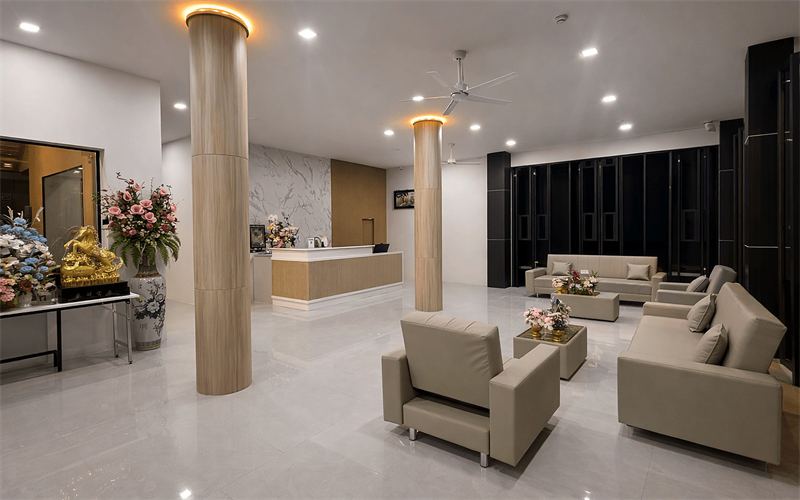 Lobby seating and reception area inside Sandbox Hotel